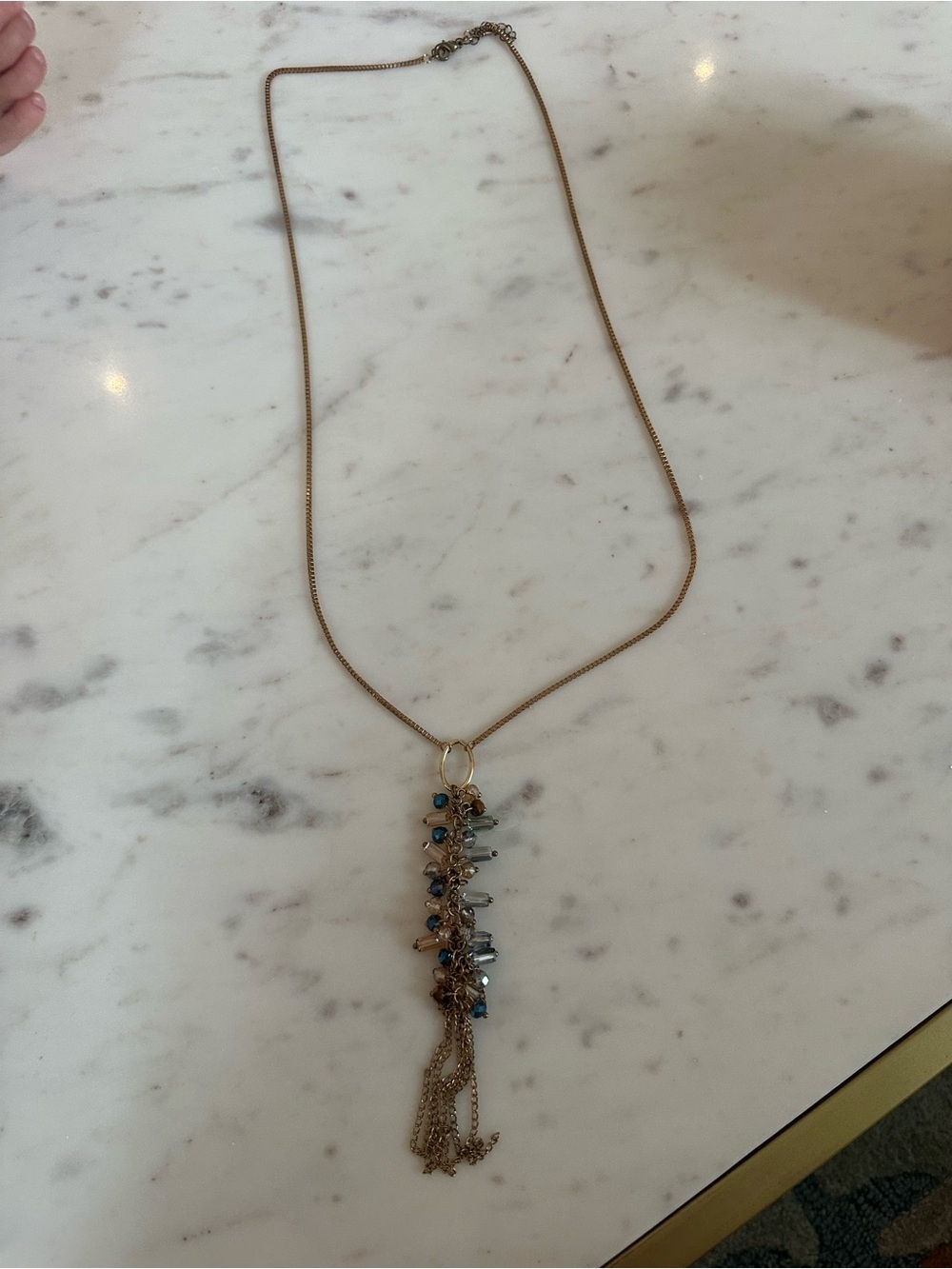 Source Unknown Gold Tassel Necklace with Blue and Gray Beads